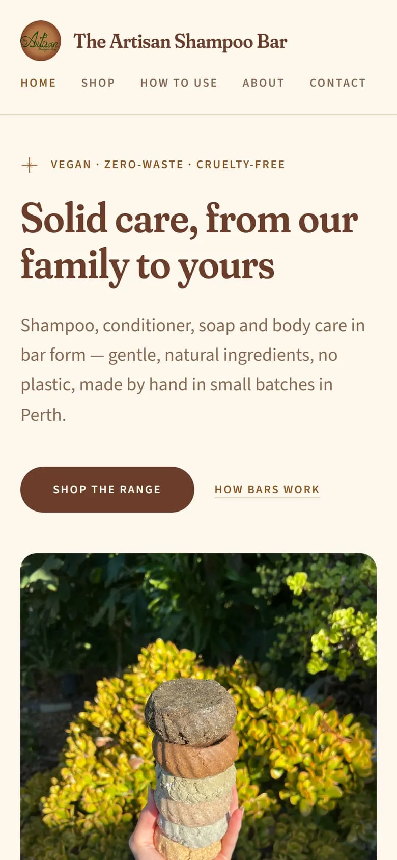 Screenshot of the The Artisan Shampoo Bar website on a phone.