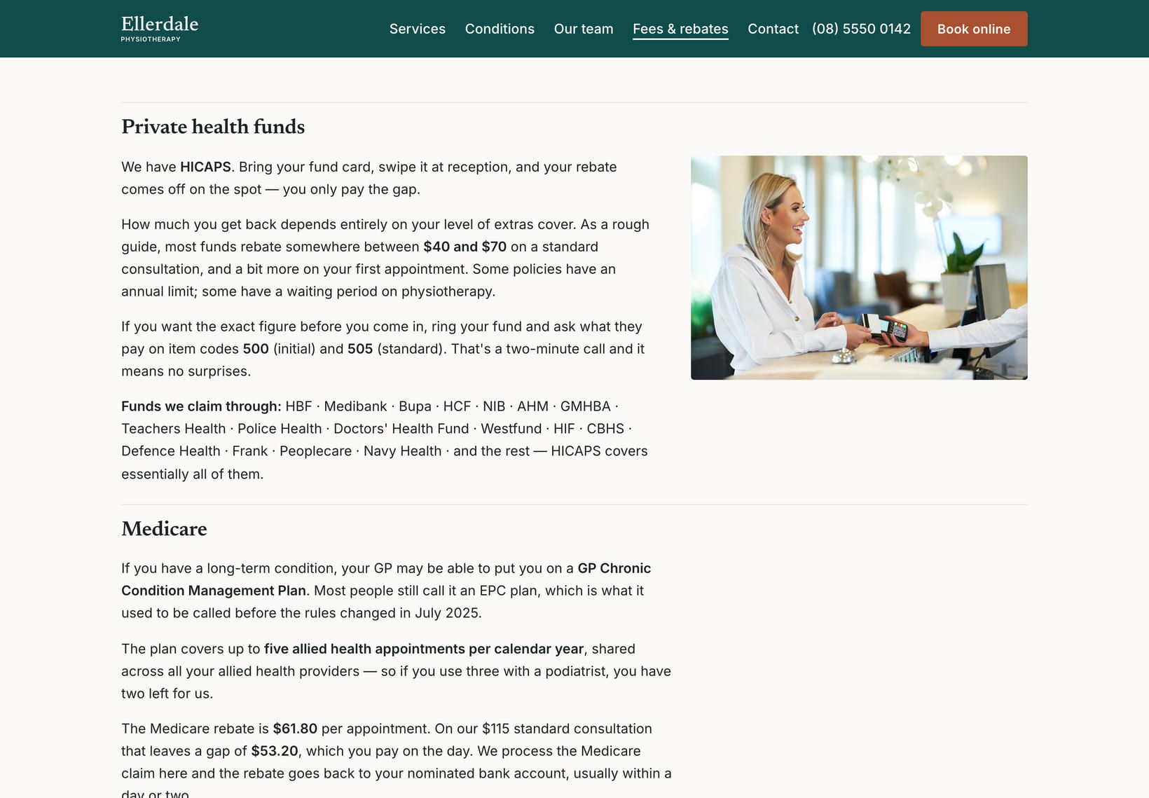 Screenshot of the “Private health funds” section of the Clinic demo site.