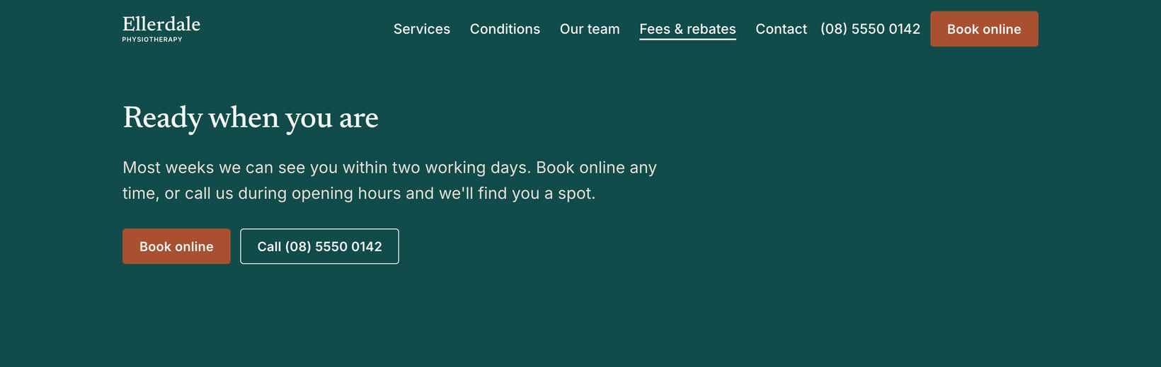 Screenshot of the “Ready when you are” section of the Clinic demo site.