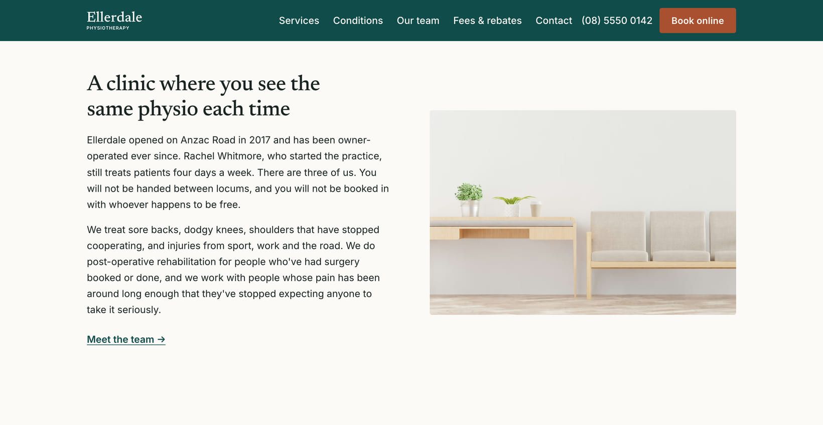 Screenshot of the “A clinic where you see the same physio each time” section of the Clinic demo site.