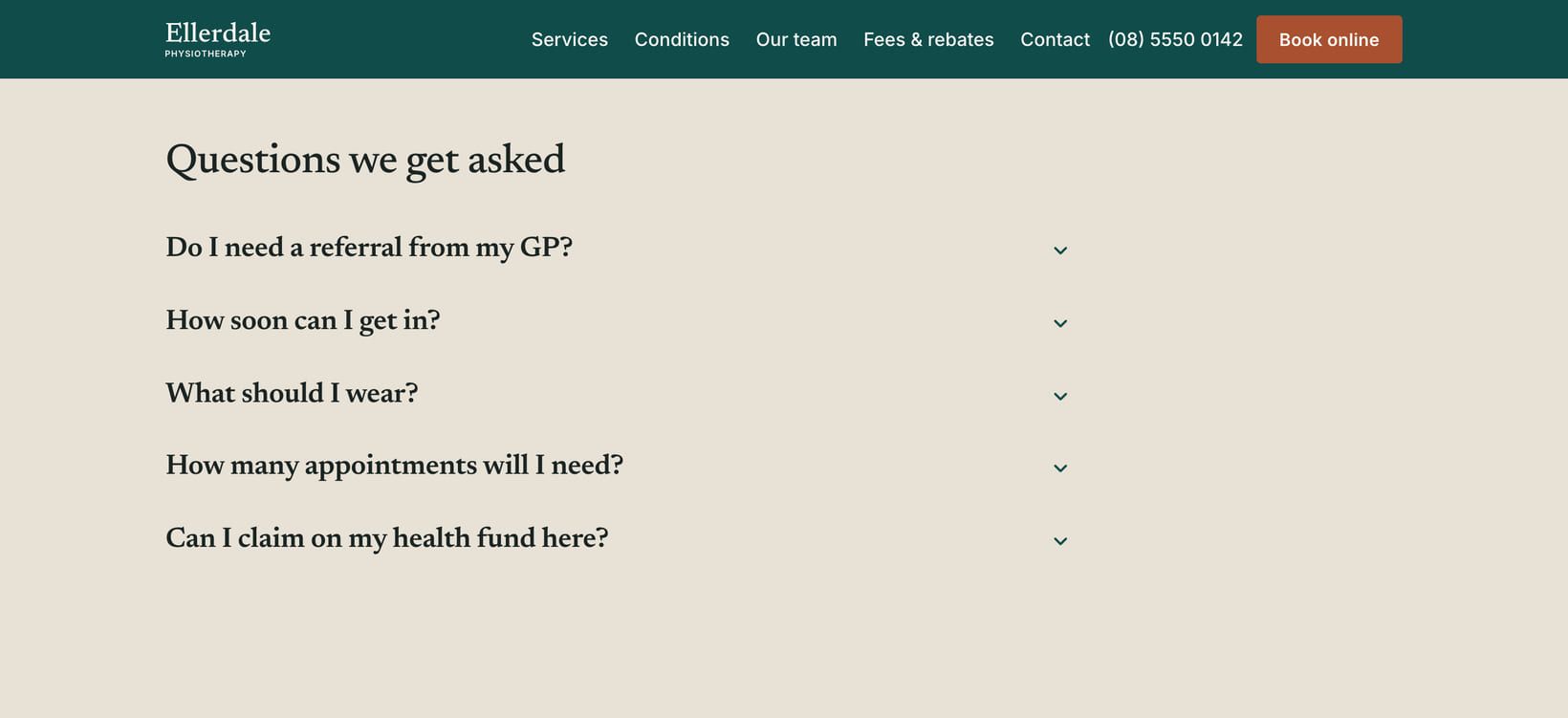 Screenshot of the “Questions we get asked” section of the Clinic demo site.