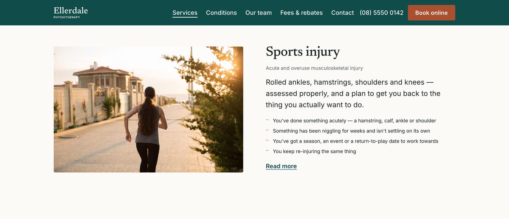 Screenshot of the “Sports injury” section of the Clinic demo site.