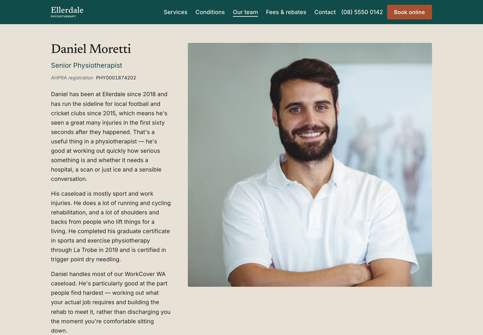 Screenshot of the “Daniel Moretti” section of the Clinic demo site.