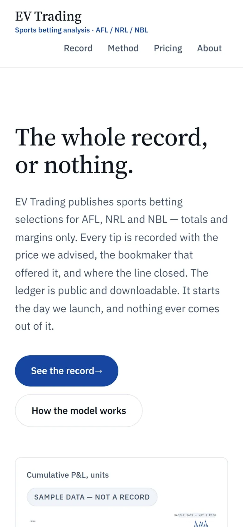 Screenshot of the EV Trading website on a phone.